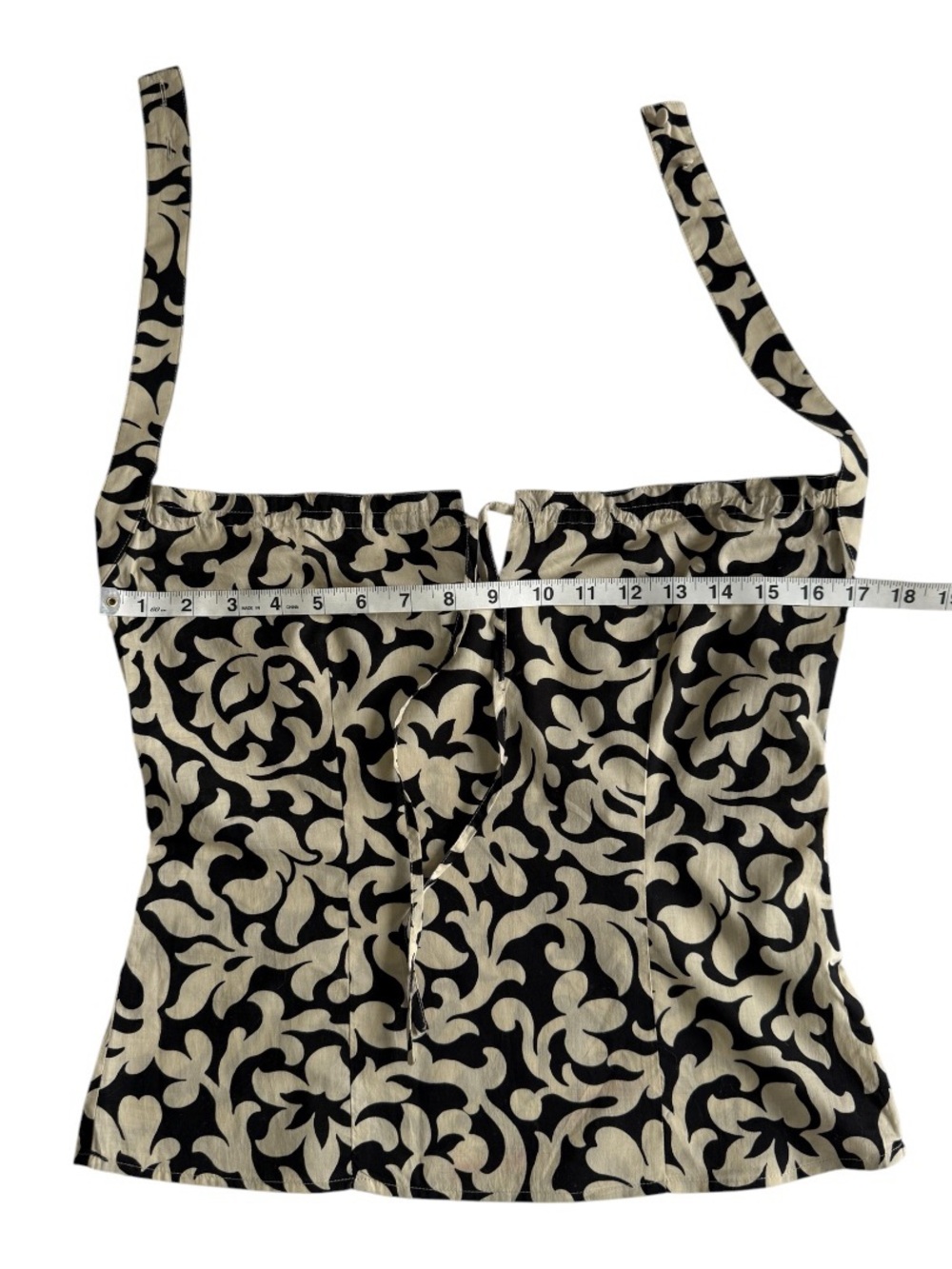 Ann Taylor Petites Halter Top 0P Black Cream Damask Baroque Print Tie Neck - Picture 8 of 13